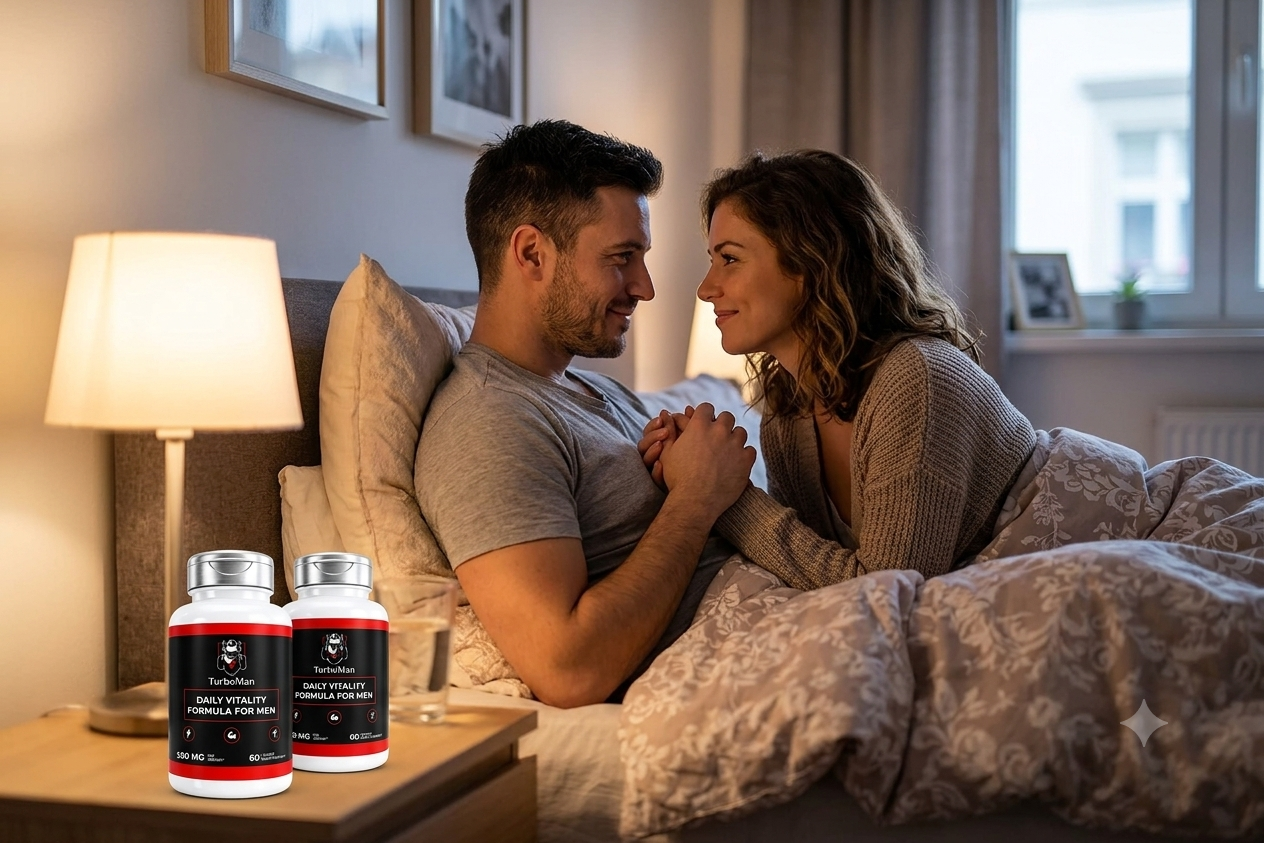 Couple relaxing at home beside TurboMan supplement bottles